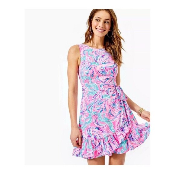 LILLY PULITZER Joselyn Stretch Wrap Dress Size 0 Pink NEW Spring Ruffle Colorful - Picture 1 of 12